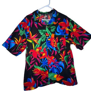 Toucan Dance Vintage 90s Hawaiian Button Up Shirt Size Medium Vibrant Floral Fun